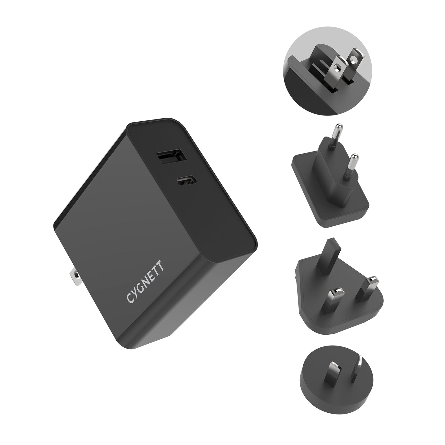 CYGNETT PowerPlus Dual Port 60W PD Wall Charger w/ travel adapters + USB- C to C Cable - Black