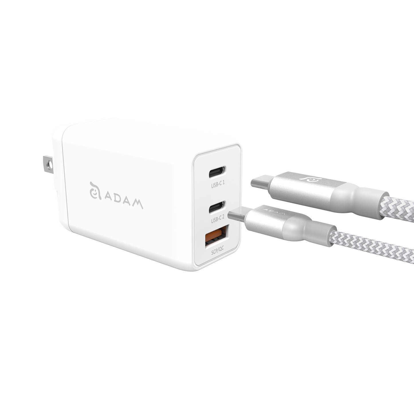 ADAM ELEMENTS Omnia F6 65W 3-port USB-C GaN Wall Charger + USB-C to C Cable 2m - White