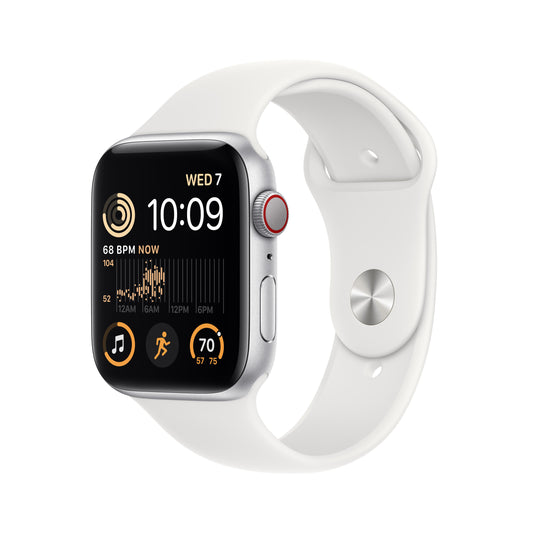 Apple Watch SE GPS + Cellular 44mm Silver Aluminum Case with White Sport Band - Regular
