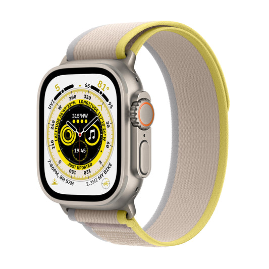 Apple Watch Ultra GPS + Cellular, 49mm Titanium Case with Yellow/Beige Trail Loop - S/M