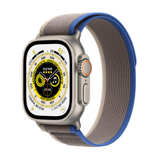 Apple Watch Ultra GPS + Cellular, 49mm Titanium Case with Blue/Gray Trail Loop - M/L