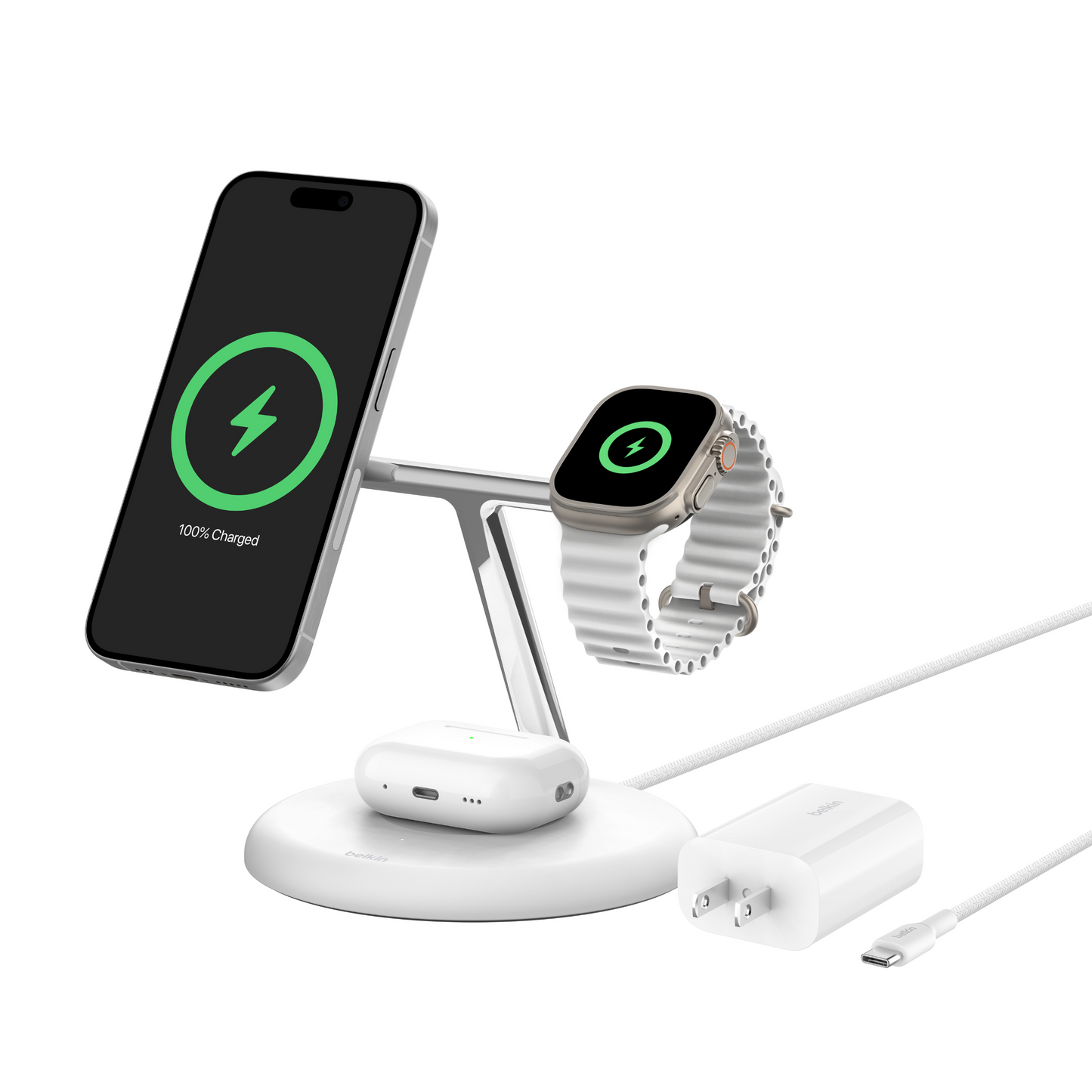 BELKIN Qi2 3-in-1 Wireless Charging Stand - White