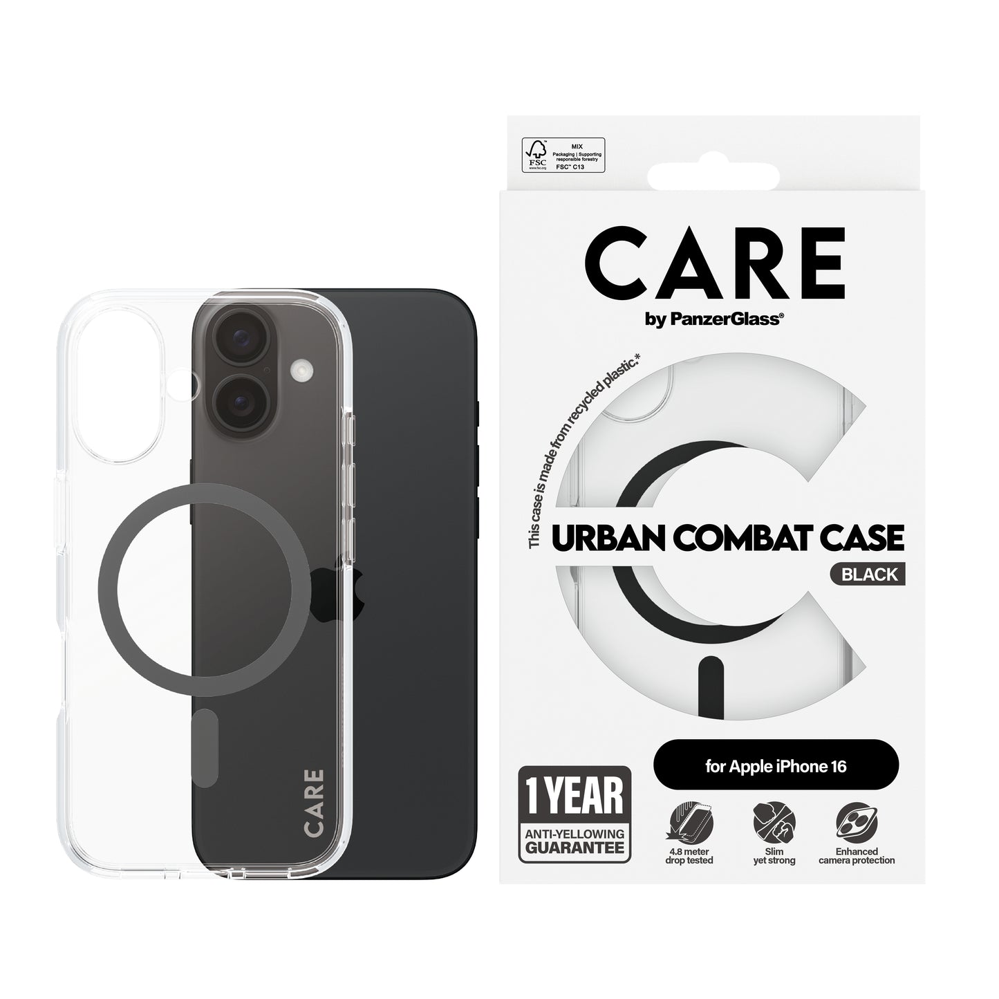 CARE BY PANZERGLASS Flagship Hard MagSafe Case for iPhone 16 - Clear/Black