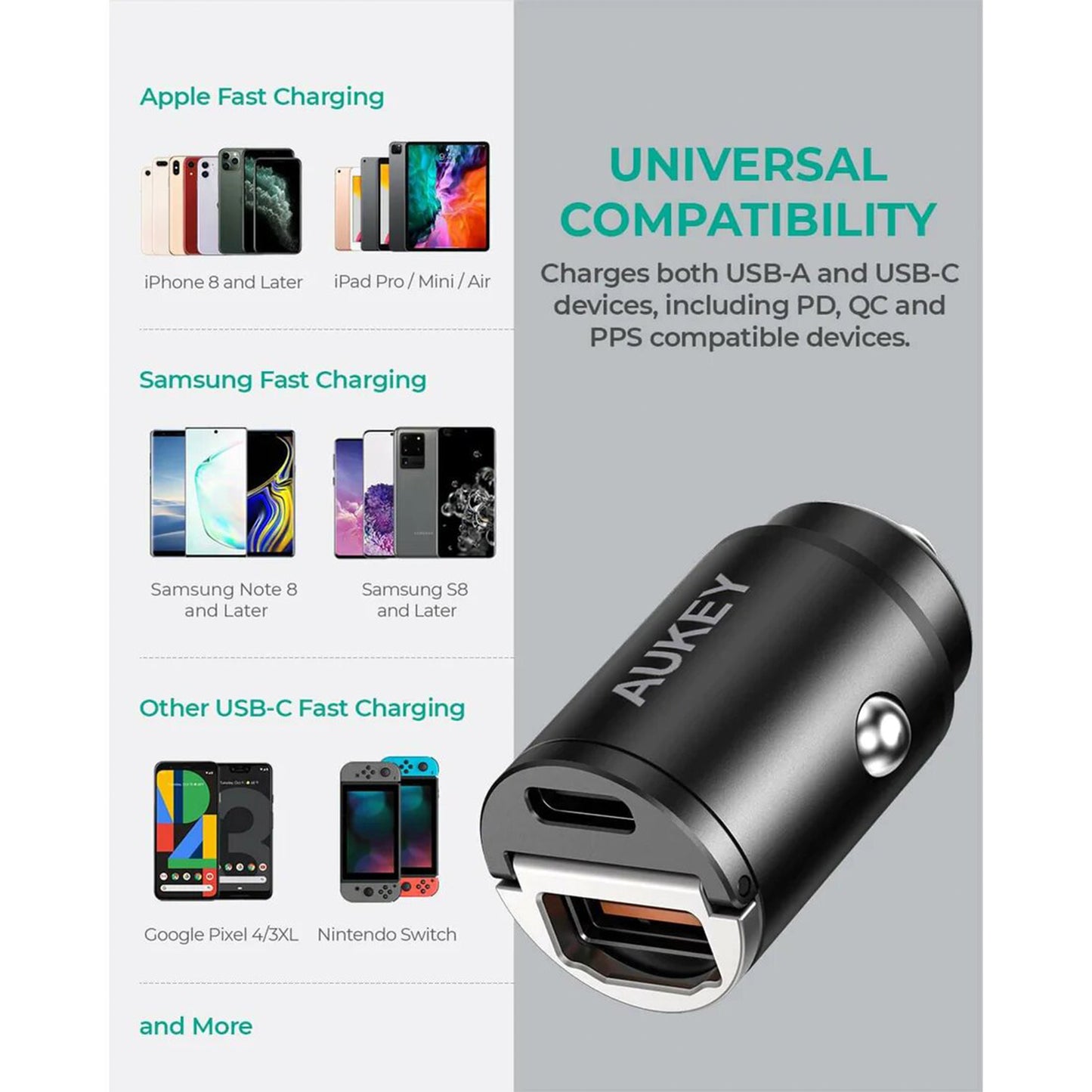 AUKEY 30W PD Metal Dual Port Fast Car Charger - Black