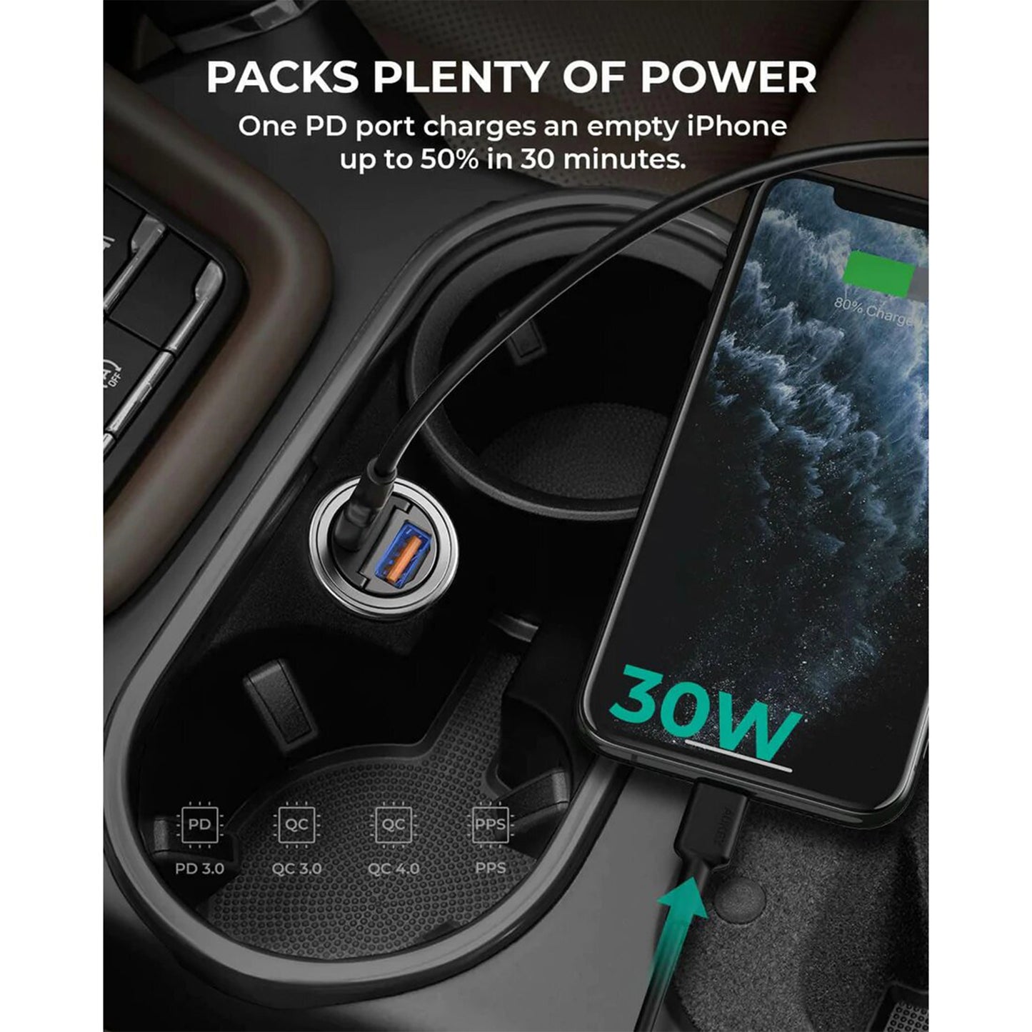 AUKEY 30W PD Metal Dual Port Fast Car Charger - Black