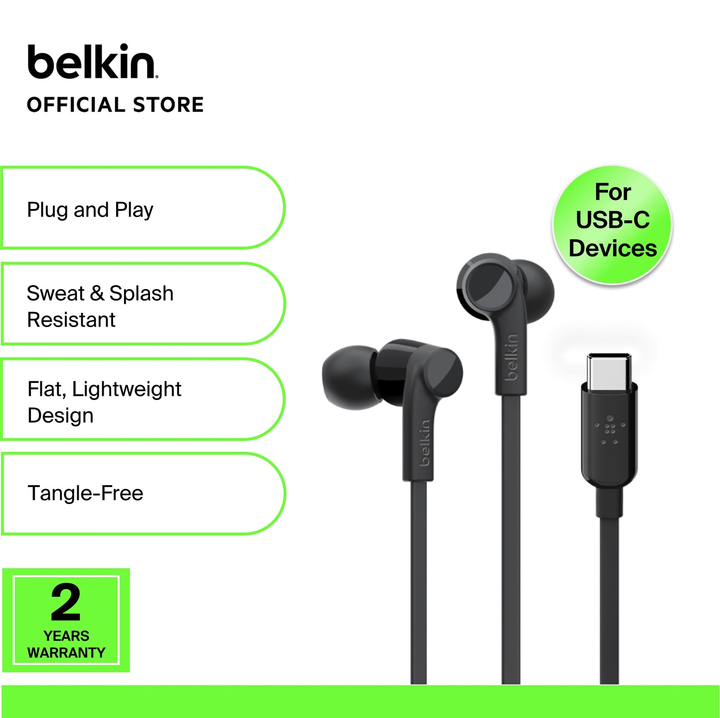 BELKIN Wired USB-C In-Ear Earphones - Black