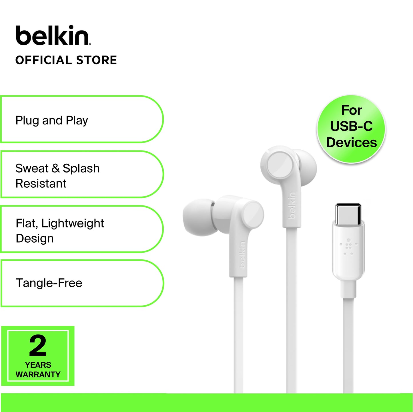 BELKIN Wired USB-C In-Ear Earphones - White
