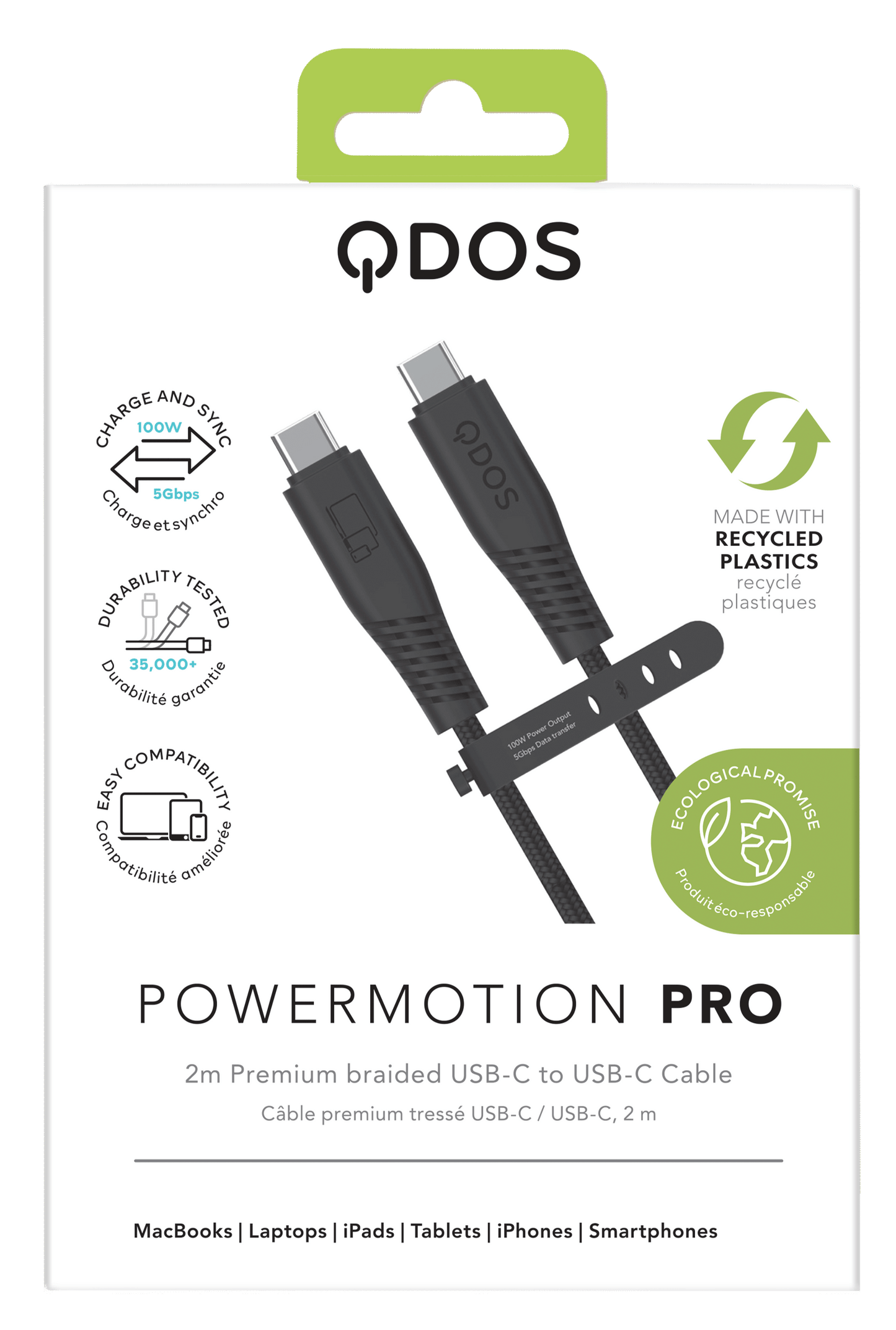 QDOS PowerMotion Pro 100w USB-C Cable 2m - Black