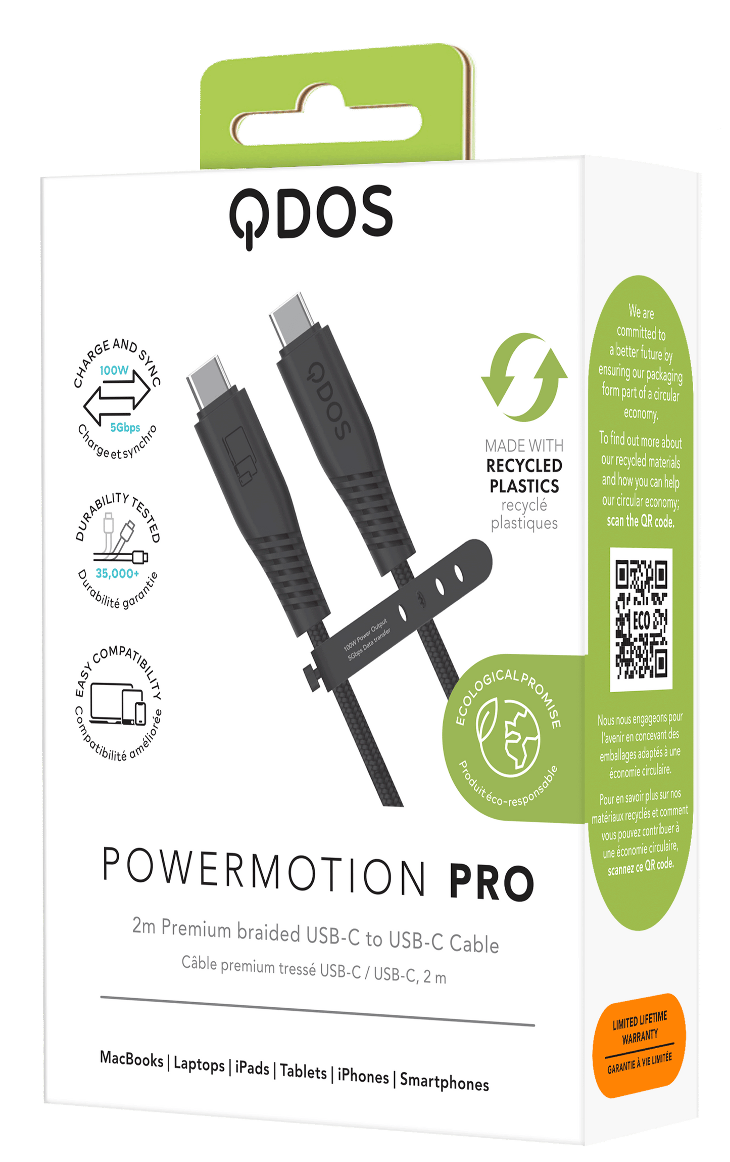 QDOS PowerMotion Pro 100w USB-C Cable 2m - Black