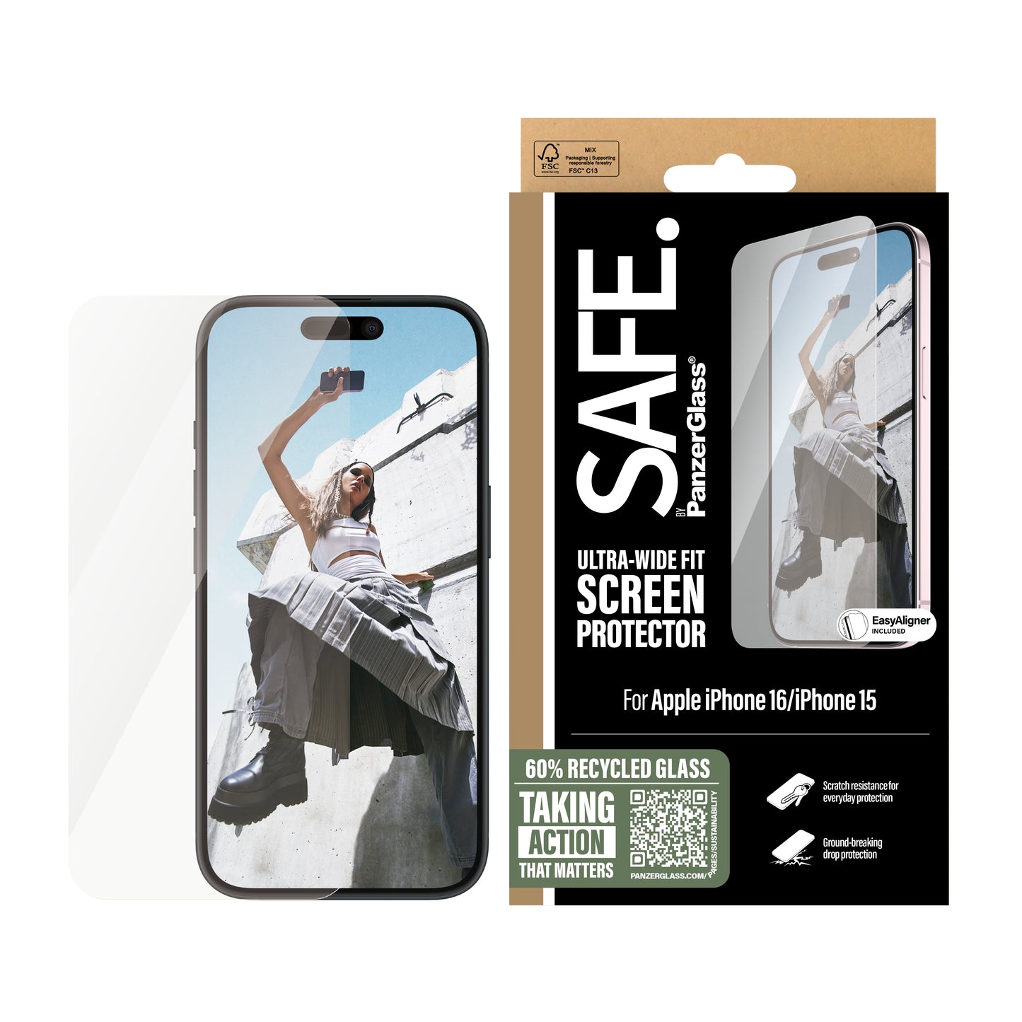 SAFE. BY PANZERGLASS Ultra-Wide Fit Screen Protector for iPhone 16 - Clear