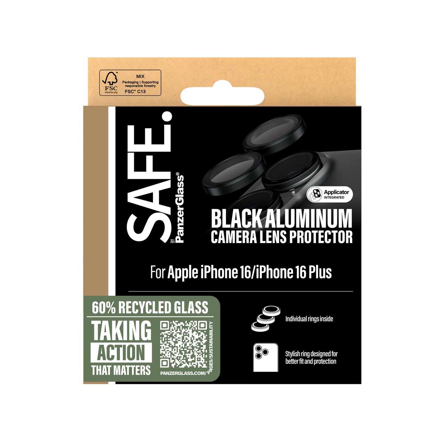 SAFE. BY PANZERGLASS Camera Lens Protector for iPhone 16 / 16 Plus - Black