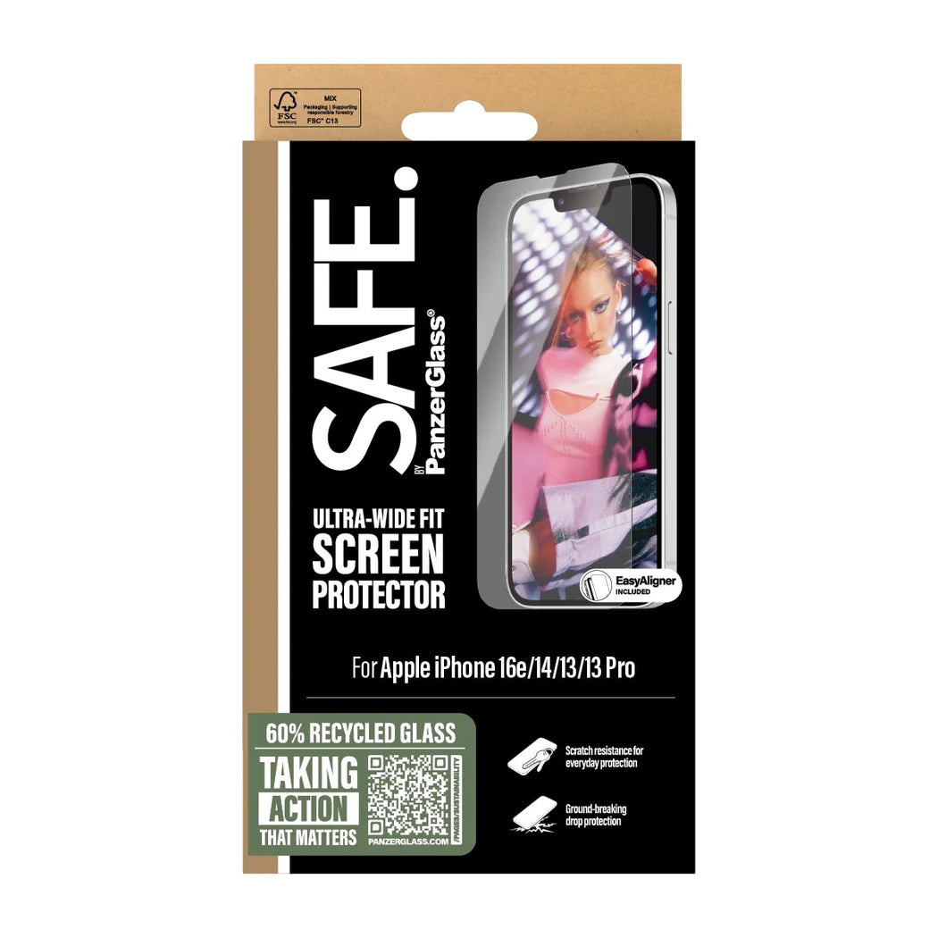 SAFE. BY PANZERGLASS Ultra-Wide Fit Screen Protector for iPhone 17e / 16e / 14 / 13 / 13 Pro - Clear