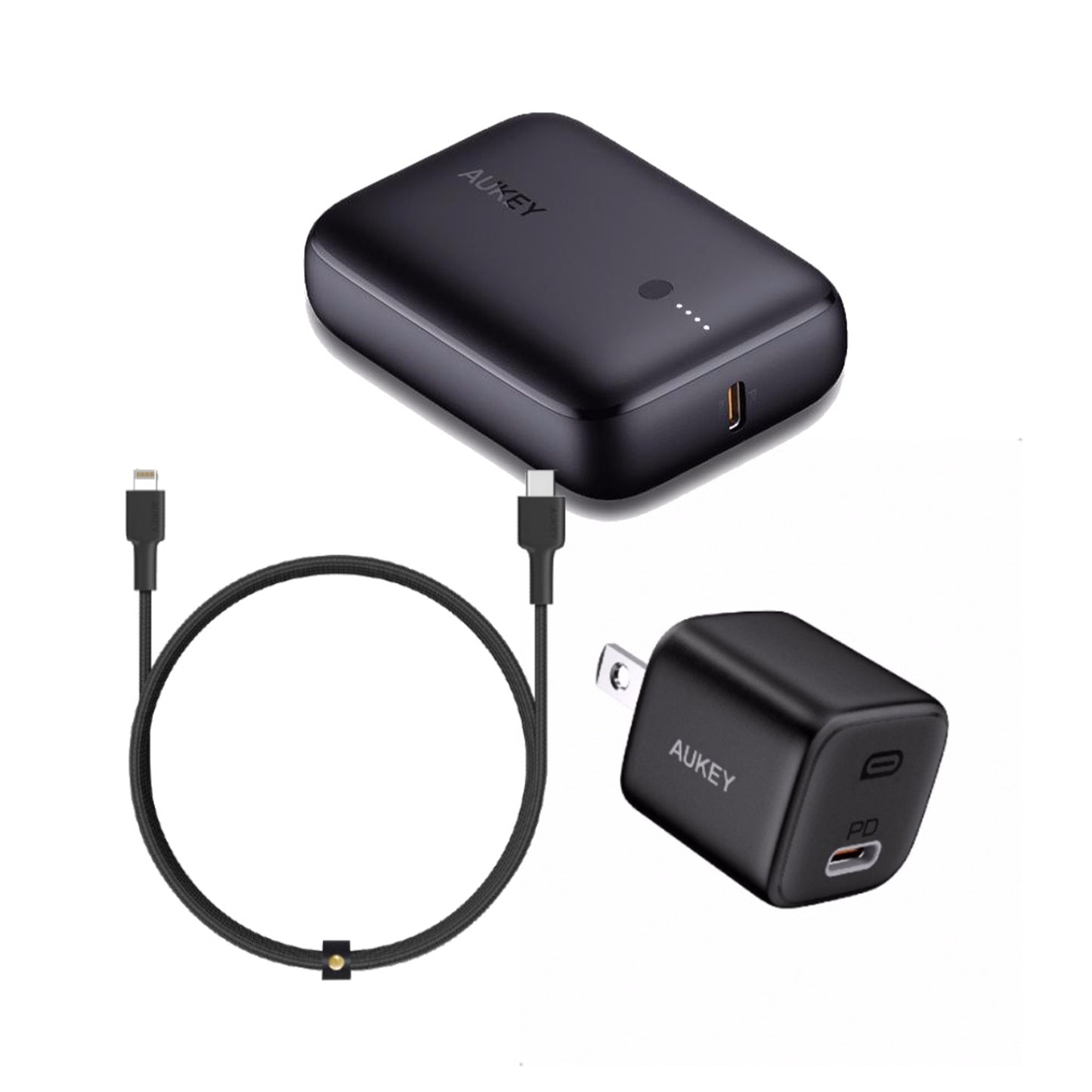 "AUKEY On-the-go Bundle (USB-C Wall Charger, 10,000mAh Powerbank, C to Lightning Cable) - Black"