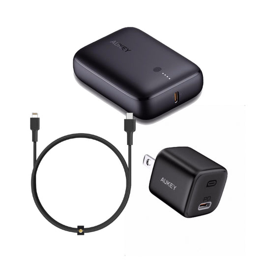 AUKEY On-the-go Bundle (USB-C Wall Charger, 10,000mAh Powerbank, C to Lightning Cable) - Black